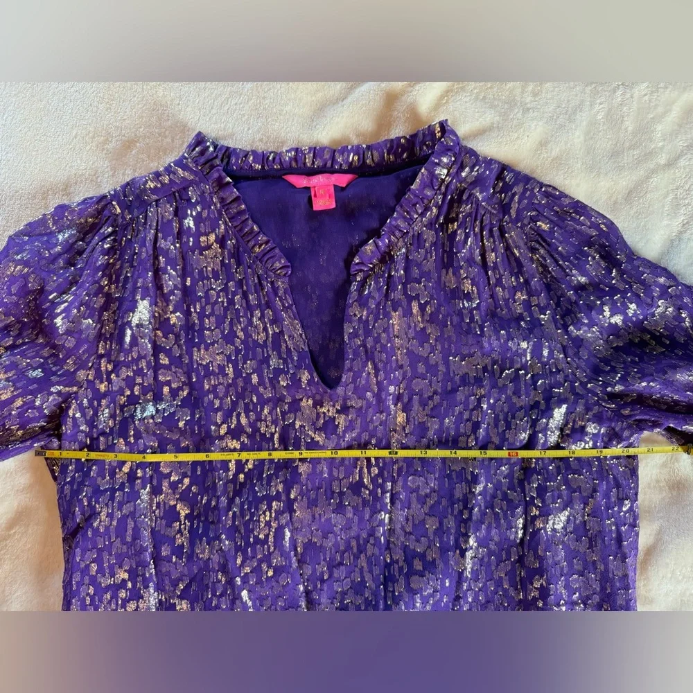 Lilly Pulitzer Purple and Gold Balloon Sleeve Fancy Blouse Med - Picture 4 of 8